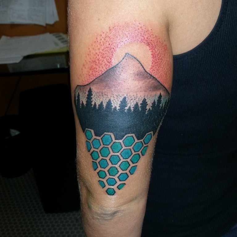 Geometric mountain covering up the lettering piece client regretted to get.  I really love helping clients do cover ups, and I enjoy it a ... | Instagram