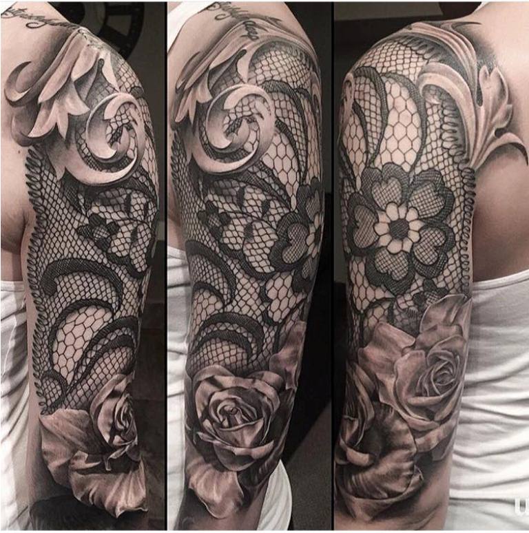 flower tattoo sleeve black and white